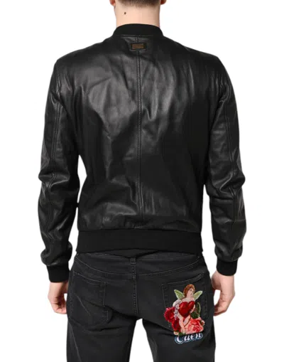Pre-owned Dolce & Gabbana Black Lambskin Leather Full Zip Biker Men's Jacket ()