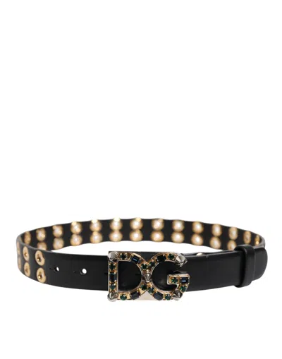 Pre-owned Dolce & Gabbana Black Leather Eyelet Crystal Dg Buckle Women's Belt ()