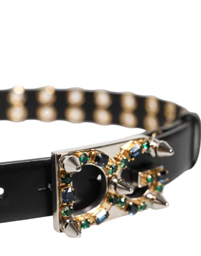Pre-owned Dolce & Gabbana Black Leather Eyelet Crystal Dg Buckle Women's Belt ()