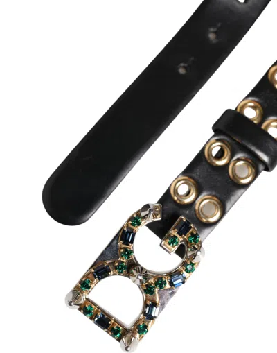 Pre-owned Dolce & Gabbana Black Leather Eyelet Crystal Dg Buckle Women's Belt ()