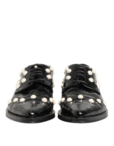 Pre-owned Dolce & Gabbana Black Leather Faux Pearl Dress Broque Women's Shoes ()