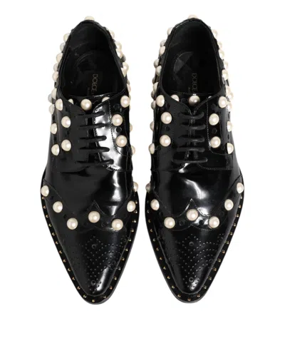 Pre-owned Dolce & Gabbana Black Leather Faux Pearl Dress Broque Women's Shoes ()
