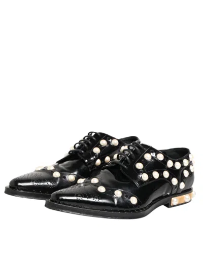 Pre-owned Dolce & Gabbana Black Leather Faux Pearl Dress Broque Women's Shoes ()