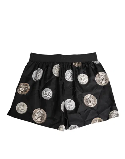 Dolce & Gabbana Black Silk Ancient Coin Print Boxer Short Swimwear In Black