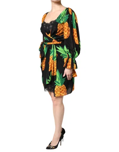 Dolce & Gabbana Black Silk Pineapple Draped Print Wrap Dress In Multi
