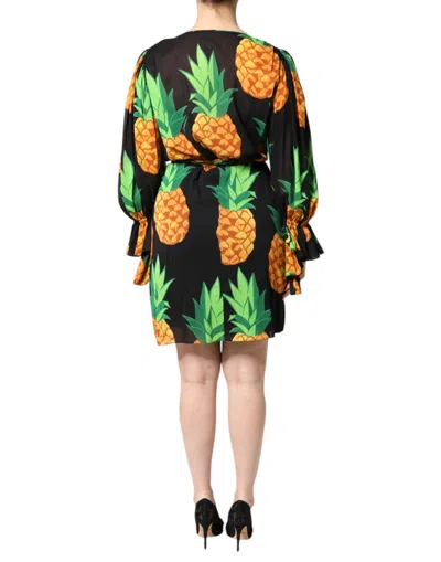 Dolce & Gabbana Black Silk Pineapple Draped Print Wrap Dress In Multi