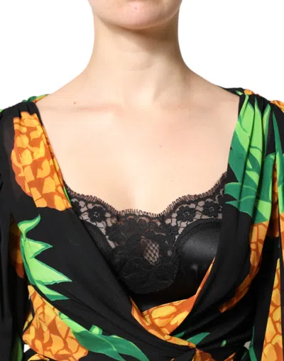 Dolce & Gabbana Black Silk Pineapple Draped Print Wrap Dress In Multi