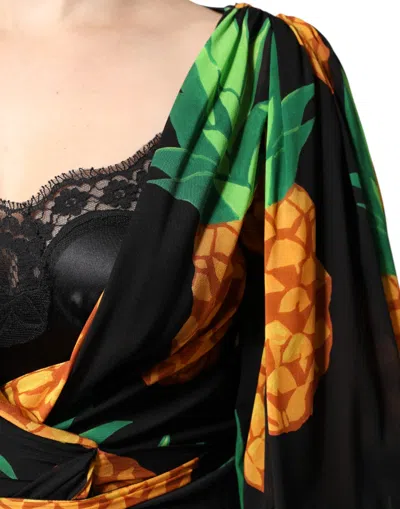 Dolce & Gabbana Black Silk Pineapple Draped Print Wrap Dress In Multi