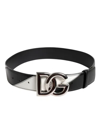Pre-owned Dolce & Gabbana Black White Leather Dg Metal Buckle Women's Belt () In Multi