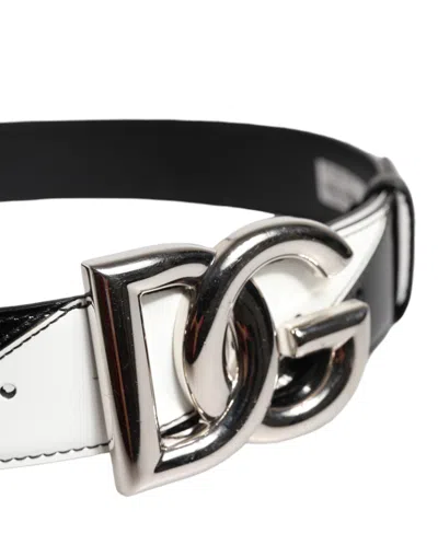 Pre-owned Dolce & Gabbana Black White Leather Dg Metal Buckle Women's Belt () In Multi