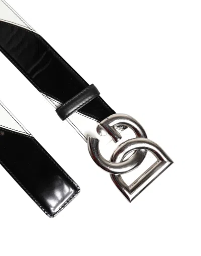 Pre-owned Dolce & Gabbana Black White Leather Dg Metal Buckle Women's Belt () In Multi