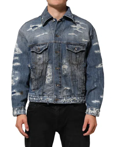 Pre-owned Dolce & Gabbana Blue Cotton Tattered Denim Blouson Men's Jacket ()