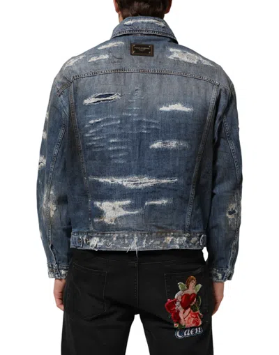 Pre-owned Dolce & Gabbana Blue Cotton Tattered Denim Blouson Men's Jacket ()