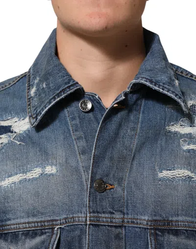 Pre-owned Dolce & Gabbana Blue Cotton Tattered Denim Blouson Men's Jacket ()