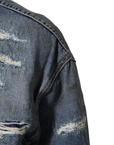 Pre-owned Dolce & Gabbana Blue Cotton Tattered Denim Blouson Men's Jacket ()