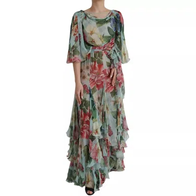 Pre-owned Dolce & Gabbana Blue Floral Print Tiered Long Maxi Women's Dress ()