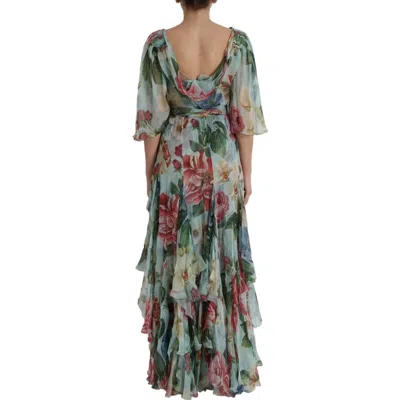 Pre-owned Dolce & Gabbana Blue Floral Print Tiered Long Maxi Women's Dress ()