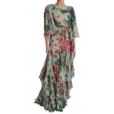 Pre-owned Dolce & Gabbana Blue Floral Print Tiered Long Maxi Women's Dress ()