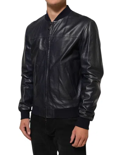 Pre-owned Dolce & Gabbana Blue Leather Full Zip Biker Blouson Men's Jacket ()
