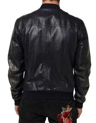 Pre-owned Dolce & Gabbana Blue Leather Full Zip Biker Blouson Men's Jacket ()