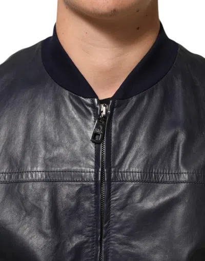 Pre-owned Dolce & Gabbana Blue Leather Full Zip Biker Blouson Men's Jacket ()