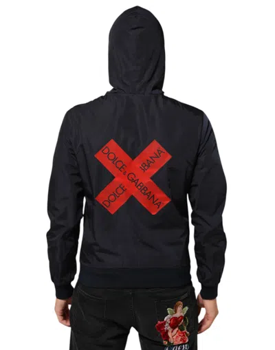 Pre-owned Dolce & Gabbana Blue Logo Tape Hooded Full Zip Bomber Men's Jacket ()