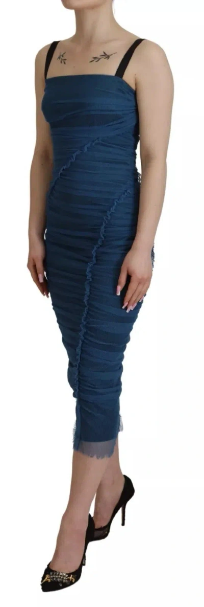 Pre-owned Dolce & Gabbana Blue Mesh Trim Ruched Tulle Sheath Women's Dress ()