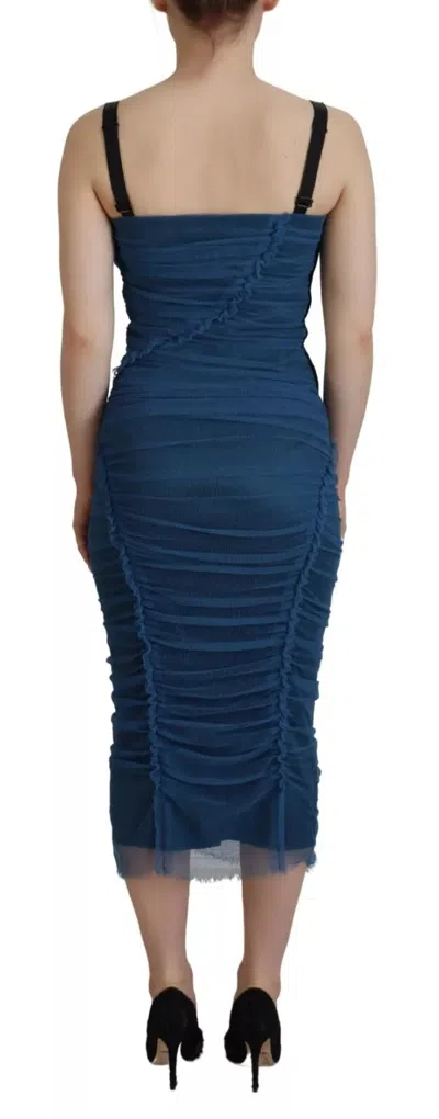Pre-owned Dolce & Gabbana Blue Mesh Trim Ruched Tulle Sheath Women's Dress ()