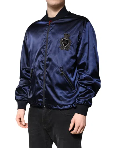 Pre-owned Dolce & Gabbana Blue Nylon Dg Crown Full Zip Bomber Men's Jacket ()