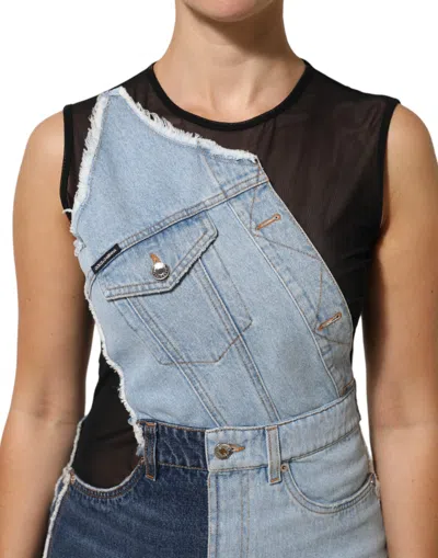 Dolce & Gabbana Blue Nylon Patchwork Denim Sheath Mini Dress In Blue