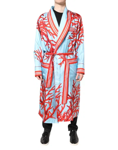 Pre-owned Dolce & Gabbana Blue Red Coral Print Wrap Robe Coat Men's Jacket ()
