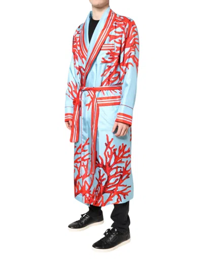 Pre-owned Dolce & Gabbana Blue Red Coral Print Wrap Robe Coat Men's Jacket ()