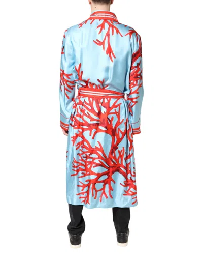 Pre-owned Dolce & Gabbana Blue Red Coral Print Wrap Robe Coat Men's Jacket ()