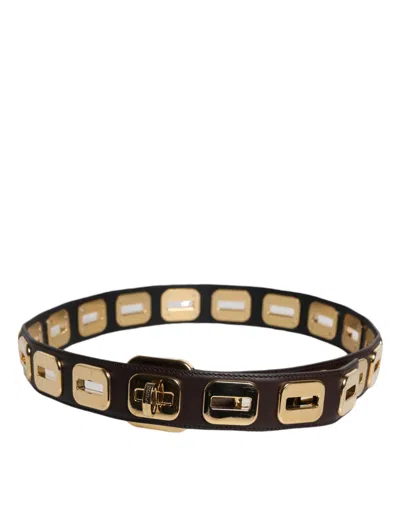 Pre-owned Dolce & Gabbana Dark Brown Leather Gold Rotating Buckle Women's Belt ()