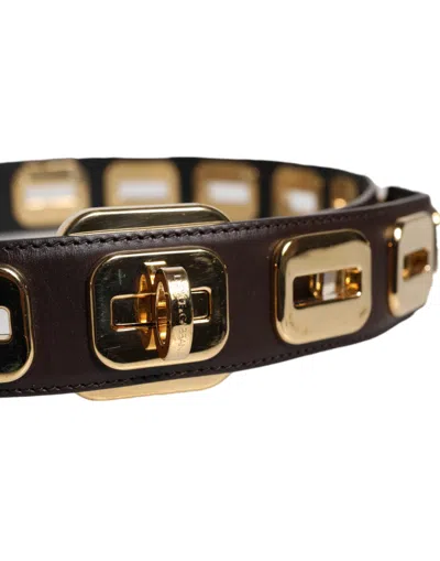 Pre-owned Dolce & Gabbana Dark Brown Leather Gold Rotating Buckle Women's Belt ()