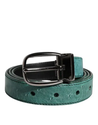 Dolce & Gabbana Green Ostrich Leather Silver Metal Buckle Women's Belt In Green