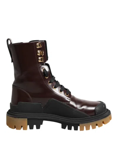 Pre-owned Dolce & Gabbana Maroon Leather Mid Calf Biker Boots Women's Shoes () In Burgundy