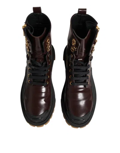 Pre-owned Dolce & Gabbana Maroon Leather Mid Calf Biker Boots Women's Shoes () In Burgundy