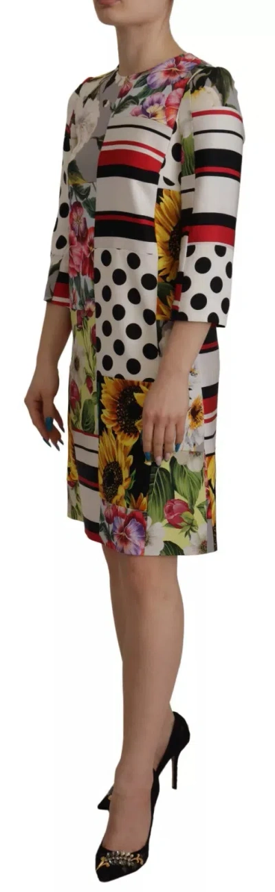 Pre-owned Dolce & Gabbana Multicolor Pachwork Charmeuse Floral Shift Women's Dress ()