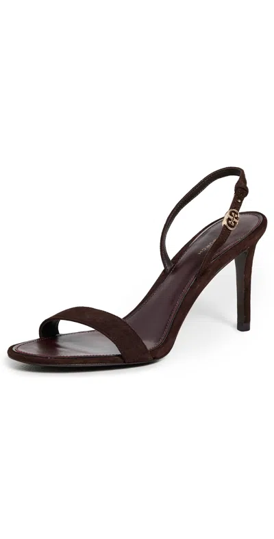 Tory Burch Double T Buckle Heel Sandal 85mm Dark Cocoa In Brown
