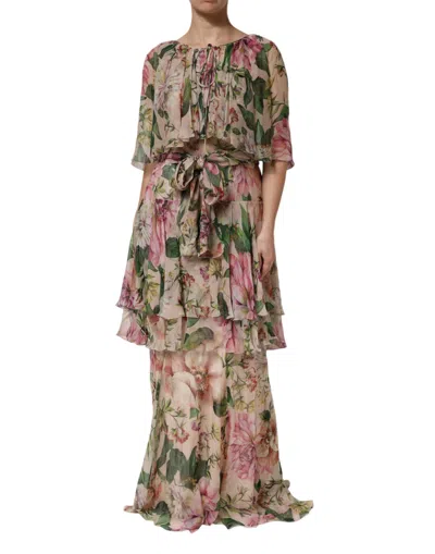 Pre-owned Dolce & Gabbana Pink Floral Print Tiered Long Maxi Women's Dress () In Multi