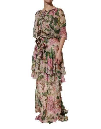 Pre-owned Dolce & Gabbana Pink Floral Print Tiered Long Maxi Women's Dress () In Multi