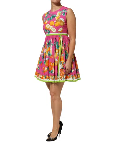 Dolce & Gabbana Pink Fruit Print A-line Mini Sleeveless Dress In Multi
