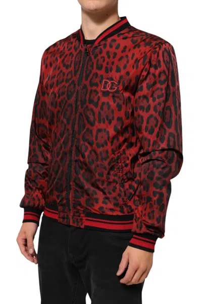 Pre-owned Dolce & Gabbana Red Leopard Print Full Zip Bomber Men's Jacket ()