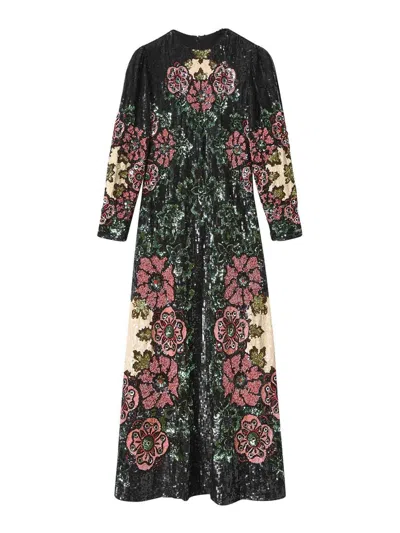 La Doublej Sequin-embroidery Floral-pattern Maxi Dress In Green