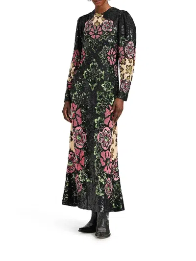 La Doublej Sequin-embroidery Floral-pattern Maxi Dress In Green