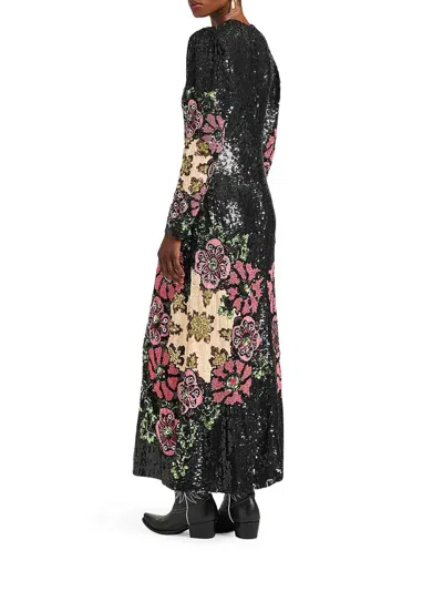 La Doublej Sequin-embroidery Floral-pattern Maxi Dress In Green