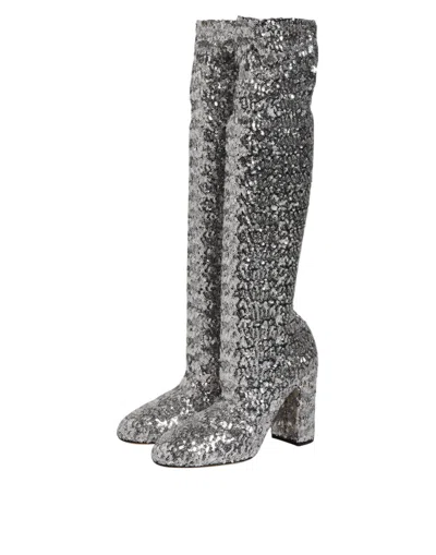 Pre-owned Dolce & Gabbana Silver Sequins Glitter High Heel Boot Women's Shoes ()