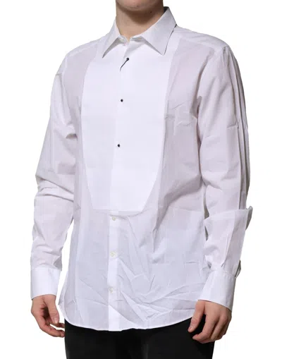 Pre-owned Dolce & Gabbana White Bib Cotton Poplin Gold Formal Men's Shirt ()