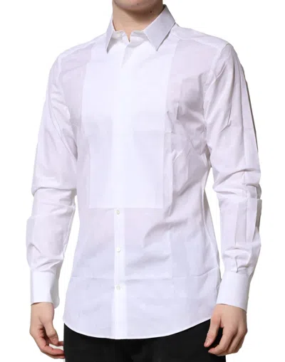 Pre-owned Dolce & Gabbana White Bib Cotton Poplin Gold Men Formal Men's Shirt ()